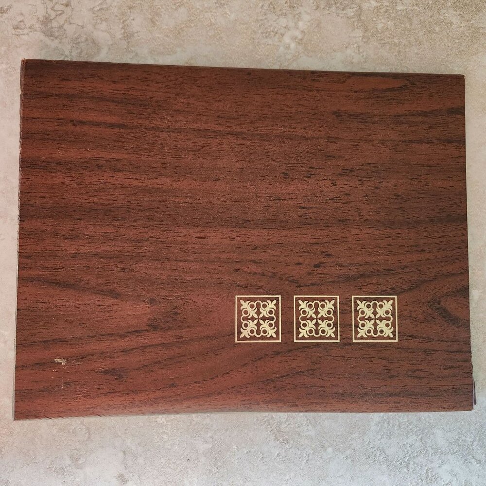 Vintage 60s 70s Photo Album Wood Grain Design Brass Gold Inlay Spiral Binding